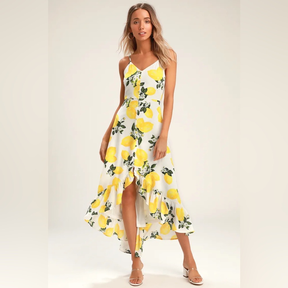 Afternoon Air Yellow Lemon Print High-Low Midi Dress